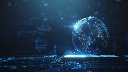 Fototapeta premium Visualizing Data Exchange Digital Earth Wireframe Hologram waving with a tablet Background