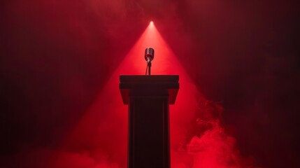 A red light shines from behind a podium, creating a striking silhouette against a dark background hyper realistic 