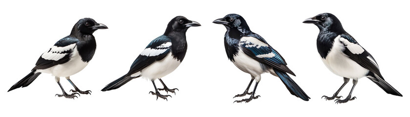 Fototapeta premium Collection of magpie with black and white feathers isolated on transparent background