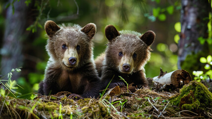 Fototapeta premium Two young brown bear cub in the forest, AI Generative.