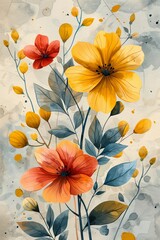 Retro Watercolor Illustration of Three Flowers With Green Leaves