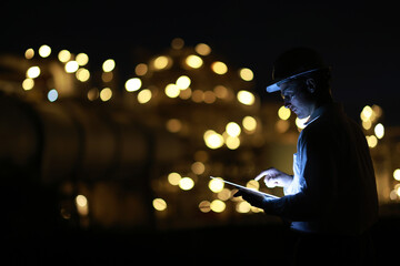A smart chemical engineer using a digital tablet working late at night with a refinery plant in the background.Engineer working on outdoor building site at night. Engineers working late in power plant © naraichal