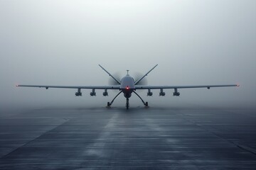 A military UAV stands in a foggy environment with visible lights on its wingtips, ready for a mission in reduced visibility conditions, highlighting its readiness and technological prowess.