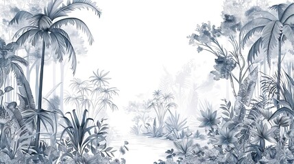 Landscape photograph in black and white. Jungle or forest nature background and mural wallpaper. High quality AI generated image