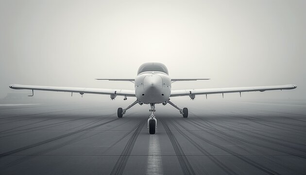 A lone white single-engine plane is poised on a misty runway ready for take-off or landing