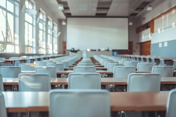 Empty lecture hall with rows of chairs and desks facing a large projector screen in a bright, modern educational setting