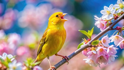 Fototapeta premium Vibrant yellow bird perched on a blossoming branch.