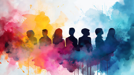 Colorful silhouette of diverse people standing together, showcasing unity and diversity with vibrant watercolor background.