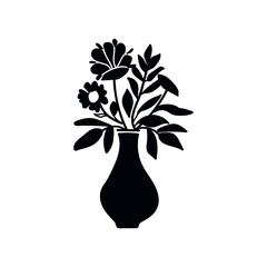 Vector black flowers vase icon, illustration silhouette image ,botanical lines art flower, 