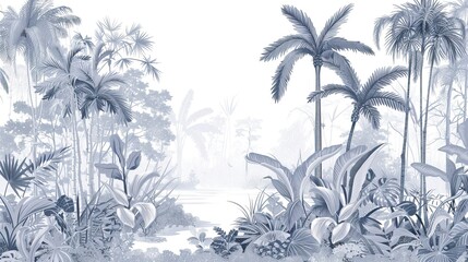 Landscape photograph in black and white. Jungle or forest nature background and mural wallpaper. High quality AI generated image
