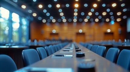 This image captures a long conference table in a corporate setup with aligned microphones and neatly arranged chairs, signifying readiness for a meeting or conference.