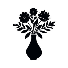 Vector black flowers vase icon, illustration silhouette image ,botanical lines art flower, 