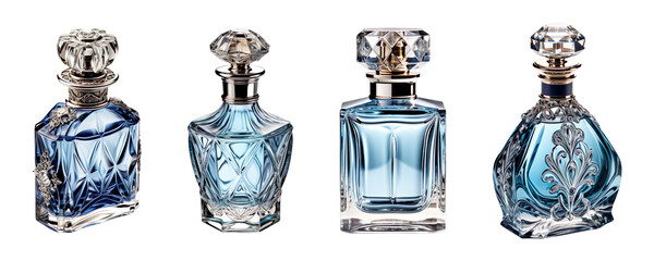 Collection set of elegant bottles of blue perfume isolated on transparent background