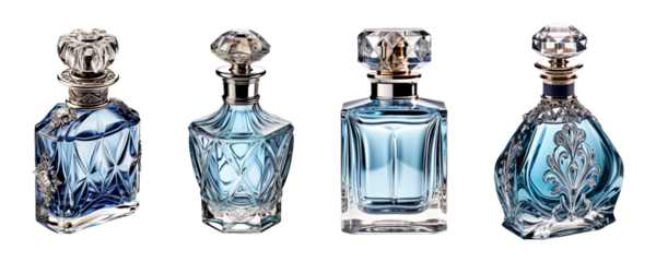 Collection set of elegant bottles of blue perfume isolated on transparent background