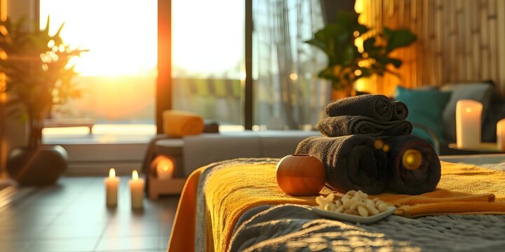 Luxurious spa set in a hotel room for professional massage therapy. Concept Spa Ambiance, Hotel Setting, Professional Massage, Luxurious Experience, Relaxation Retreat