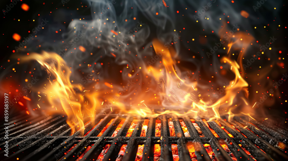 Wall mural barbecue grill with fire flames - empty portable barbecue bbq grill close up photo - Wall murals