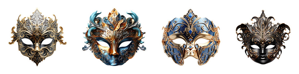 Collection set of elegant carnival masks isolated on transparent background