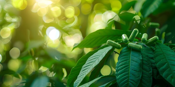 Captivating Background Featuring Mitragyna Speciosa Kratom Capsules - a Natural Product. Concept Kratom Capsules, Natural Supplements, Herbal Discoveries, Mitragyna Speciosa, Wellness Products