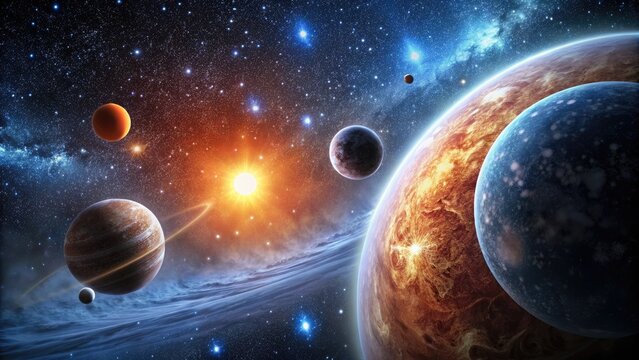 Planets and stars in a vivid cosmic scene.