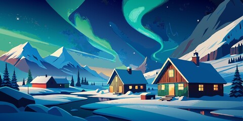 Naklejka premium Northern Lights Over a Snowy Village at Night
