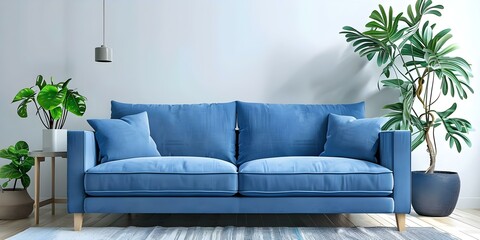 Fototapeta premium Contemporary living room with blue sofa cushions. Concept Home Decor, Living Room Design, Contemporary Style, Blue Sofa, Cushion Arrangement
