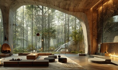 Hotel interior design, warm space, large floor to ceiling windows, forest outside the window, futuristic design