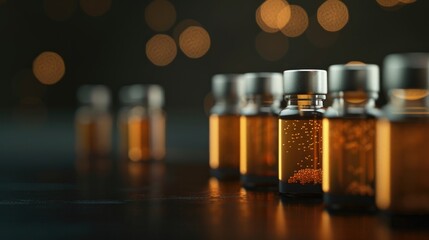 Amount of tan vials containing a mixture set against a dark backdrop