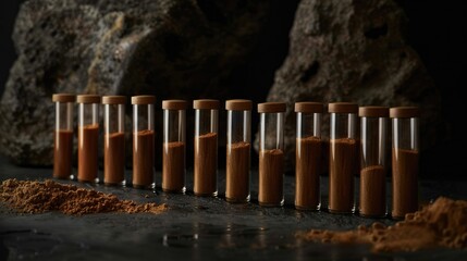 Amount of tan vials containing a mixture set against a dark backdrop