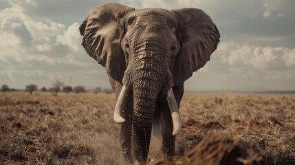 Fototapeta premium An elephant is gazing at the camera with dung nearby