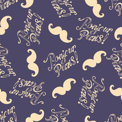 On a blue background handwritten text Bonjour La Paris! and the silhouette of a lush mustache. Background for fabrics, clothing, wrapping paper, wallpaper. © Ольга Примачек