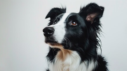 Border collie with black and white coat against a white backdrop