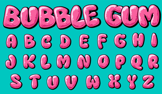 Bubble Gum Graffiti pink Alphabet Vector Illustrations Font Graphics isolated blue background 