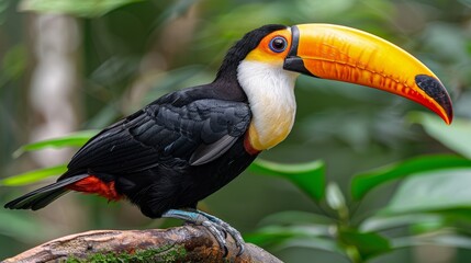 Obraz premium Vibrant black toucan bird perched on tree branch in lush green forest environment