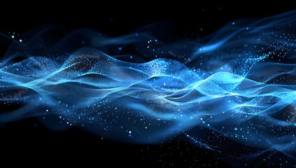 Fototapeta premium Abstract blue digital background with dots and waves of particles on black space, AI technology concept
