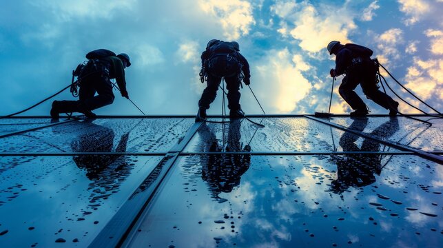 Skilled high altitude window cleaners with sky reflections in professional setting