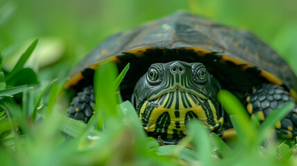 Obraz premium turtle peeking out of its shell with a curious expression, surrounded by green grass,