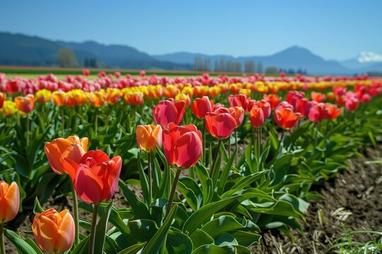 Vibrant field of orange, yellow, and red tulips in full bloom, with a backdrop of rolling hills and a clear blue sky.