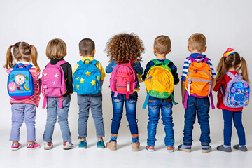 Obraz premium Group of children standing in a row with colorful backpacks seen from behind