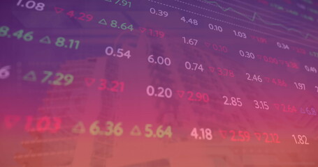 Image of financial data processing over building