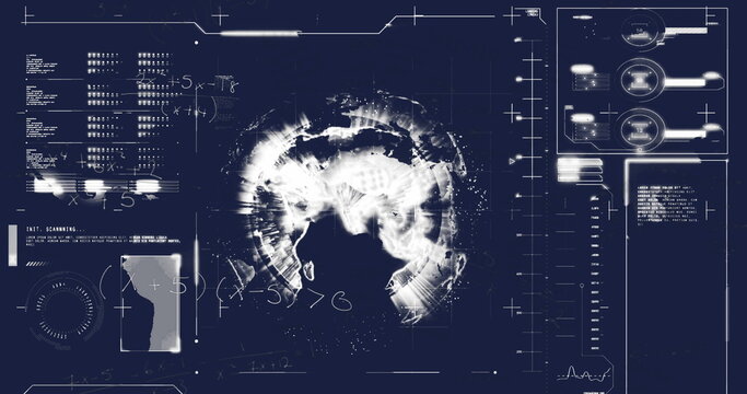 Image of mathematical equations over interface with data processing against spinning globe - Powered by Adobe