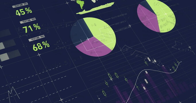 Image of mathematical equations over statistical data processing against blue background - Powered by Adobe