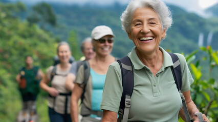 Group of diverse senior friends enjoying a hike in a scenic national park surrounded by lush greenery, mountains, and waterfalls, promoting active senior travel and good memories with friends.