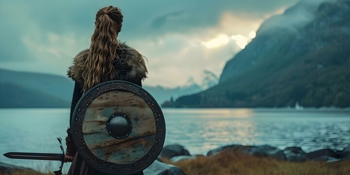 Female warrior with sword and shield by fjord ancient setting. Concept Warrior Woman, Sword and Shield, Fjord Landscape, Ancient Setting