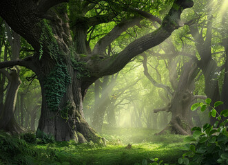 Fototapeta premium Majestic old and ancient plants in deep dark forest. Deep tropical jungles. Tree tunnel with sunlight shining through the branches.