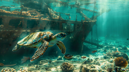 Fototapeta premium turtle swimming near a sunken ship,