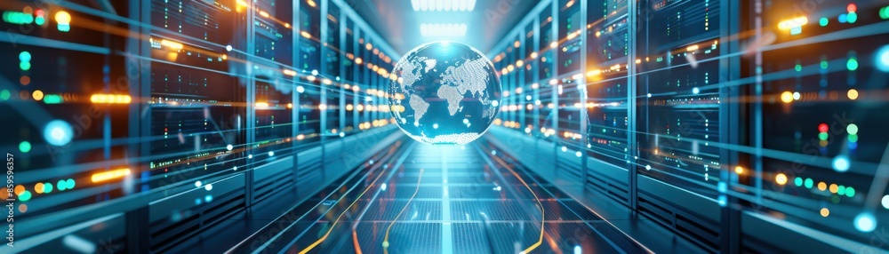 Wall mural futuristic data center with servers and digital globe representing global network connectivity and t