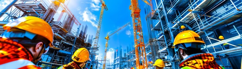 Fototapeta premium Construction workers wearing safety gear and hard hats on a construction site with cranes and scaffolding against a bright blue sky.