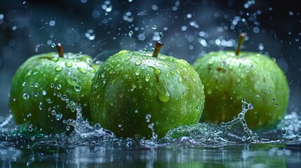 Three fresh and juicy green apples immersed in water with vibrant water droplets splashing around them, capturing the freshness and vitality of healthy fruits.