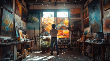 Obraz premium Artist in creative flow, vibrant studio setting