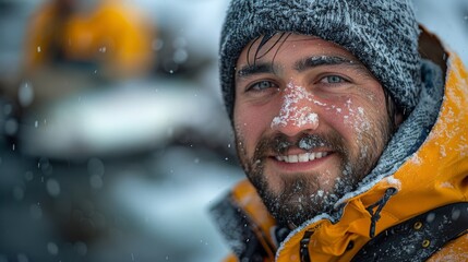 A person in a yellow jacket and gray beanie braves the snowy weather, with snowflakes falling around them, indicative of an adventurous, outdoor winter expedition.